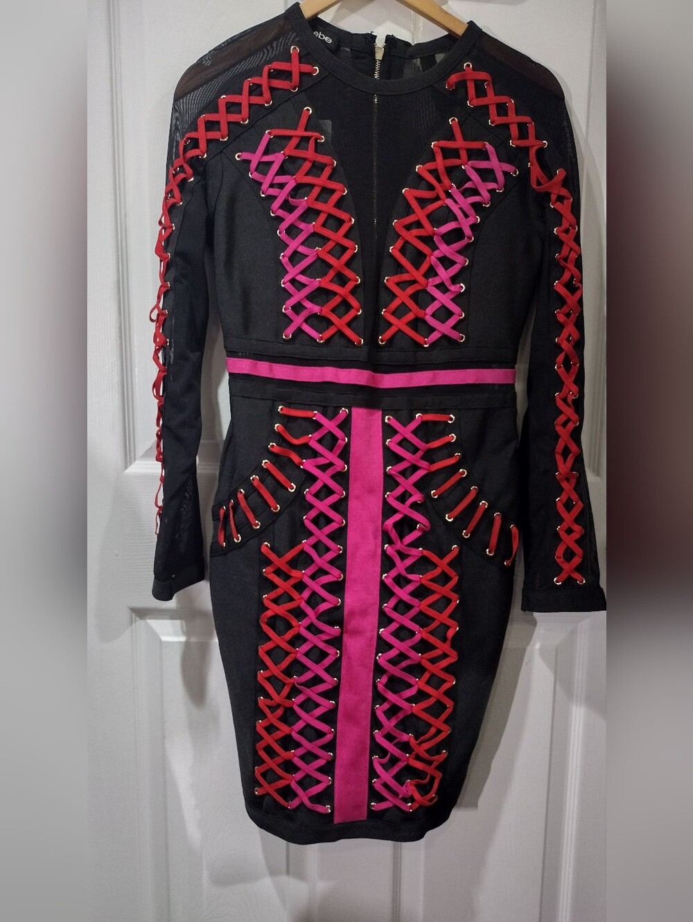 bebe Black Long-Sleeve Dress with Pink & Red Lattice Trim